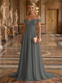 A Line Off Shoulder Sleeveless Long Evening Dresses
