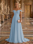 A Line Off Shoulder Sleeveless Long Evening Dresses