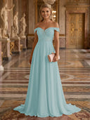 A Line Off Shoulder Sleeveless Long Evening Dresses