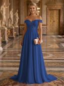 A Line Off Shoulder Sleeveless Long Evening Dresses