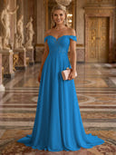 A Line Off Shoulder Sleeveless Long Evening Dresses