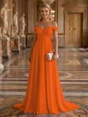 A Line Off Shoulder Sleeveless Long Evening Dresses