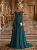 A Line Off Shoulder Sleeveless Long Evening Dresses