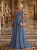 A Line Off Shoulder Sleeveless Long Evening Dresses