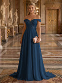 A Line Off Shoulder Sleeveless Long Evening Dresses