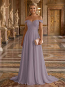 A Line Off Shoulder Sleeveless Long Evening Dresses