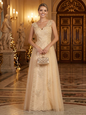 A Line V Neck Sleeveless Long Evening Dresses with Beads