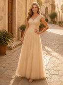 A Line V Neck Sleeveless Long Evening Dresses with Beads