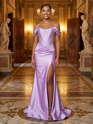 Satin Corset Mermaid Off Shoulder Long Evening Dresses with Slit