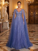 Sequin Tulle Cape Sleeve A Line V Neck Long Evening Dresses