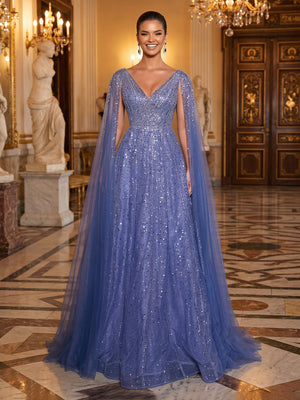 Sequin Tulle Cape Sleeve A Line V Neck Long Evening Dresses