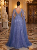 Sequin Tulle Cape Sleeve A Line V Neck Long Evening Dresses