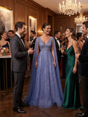 Sequin Tulle Cape Sleeve A Line V Neck Long Evening Dresses