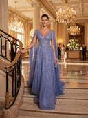 Sequin Tulle Cape Sleeve A Line V Neck Long Evening Dresses