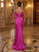 Satin V Neck Mermaid Off Shoulder Long Evening Dresses with Beads