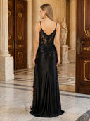 Satin Lace V Neck Mermaid Spaghetti Straps Long Evening Dresses with Slit