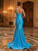 Satin Mermaid V Neck Sheath Long Evening Dresses with Train