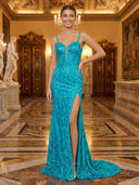 Sequin Lace Mermaid V Neck Long Evening Dresses with Slit