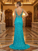 Sequin Lace Mermaid V Neck Long Evening Dresses with Slit