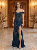 Satin Lace Flower Strapless Mermaid Long Evening Dresses with Slit