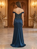 Satin Lace Flower Strapless Mermaid Long Evening Dresses with Slit