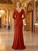 Chiffon Long Sleeves V Neck Long Evening Dresses with Ruched