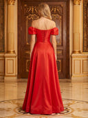 Satin A Line Strapless Off Shoulder Long Evening Dresses with Slit