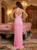Sequin V Neck Sheath Mermaid Long Evening Dresses with Beads