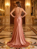 Satin V Neck Corset Pleated Mermaid Long Evening Dresses with Train