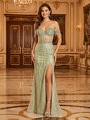 Sequin Strapless Sheath Beads Mermaid Long Evening Dresses with Slit