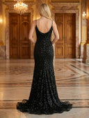 Sequin Lace Appliques V Neck Mermaid Spaghetti Straps Long Evening Dresses