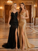 Sequin Lace Appliques V Neck Mermaid Spaghetti Straps Long Evening Dresses
