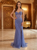 Sequin Strapless Sheath Corset Beads Mermaid Long Evening Dresses with Slit