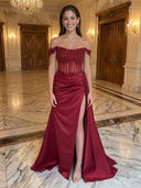 Sequin Lace Appliques Mermaid Off Shoulder Long Evening Dresses with Slit