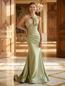 Satin Halter Mermaid Pleated Long Evening Dresses with Flower