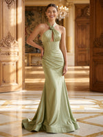 Satin Halter Mermaid Pleated Long Evening Dresses with Flower