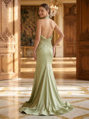 Satin Halter Mermaid Pleated Long Evening Dresses with Flower