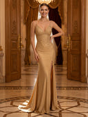 Sequin V Neck Mermaid Spaghetti Straps Long Evening Dresses with Slit