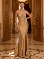 Sequin V Neck Mermaid Spaghetti Straps Long Evening Dresses with Slit