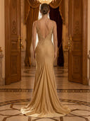 Sequin V Neck Mermaid Spaghetti Straps Long Evening Dresses with Slit