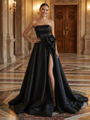 Satin A Line Strapless Long Evening Dresses with Flower