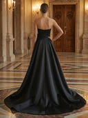 Satin A Line Strapless Long Evening Dresses with Flower