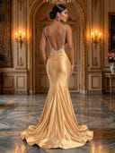 Sequin V Neck Mermaid Spaghetti Straps Long Evening Dresses with Beads