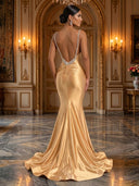 Sequin V Neck Mermaid Spaghetti Straps Long Evening Dresses with Beads
