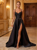 Satin V Neck Corset Sheath A Line Long Evening Dresses with Slit