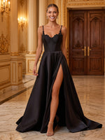 Satin V Neck Corset Sheath A Line Long Evening Dresses with Slit