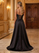Satin V Neck Corset Sheath A Line Long Evening Dresses with Slit