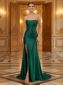 Satin Strapless Corset A Line Long Evening Dresses with Slit