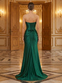 Satin Strapless Corset A Line Long Evening Dresses with Slit