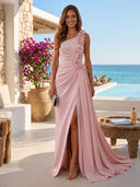 Satin A Line One Shoulder Long Evening Dresses with Flower